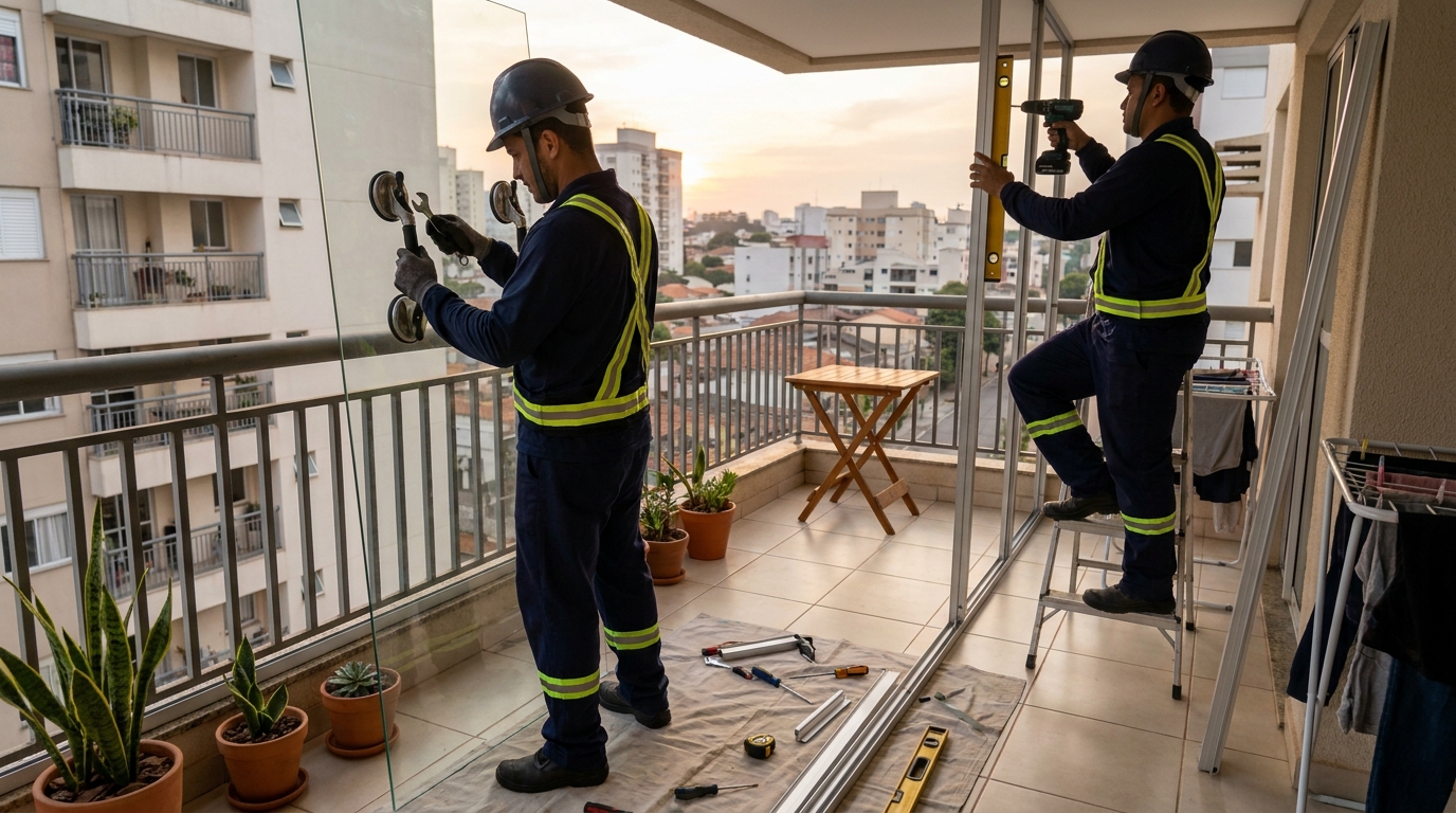 Instalação de parede de vidro em sacada em Campina Grande-PB