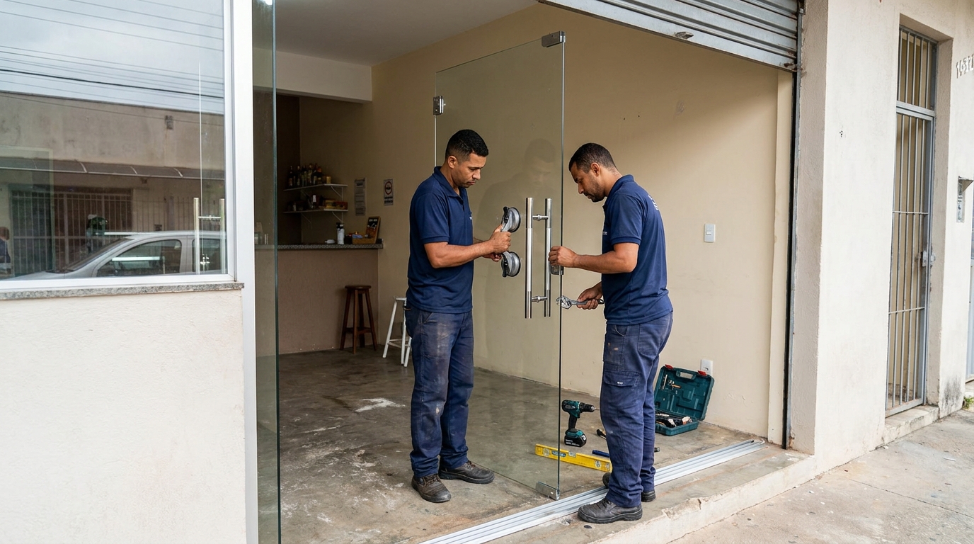 Dupla instalando porta de vidro em loja em Campina Grande-PB